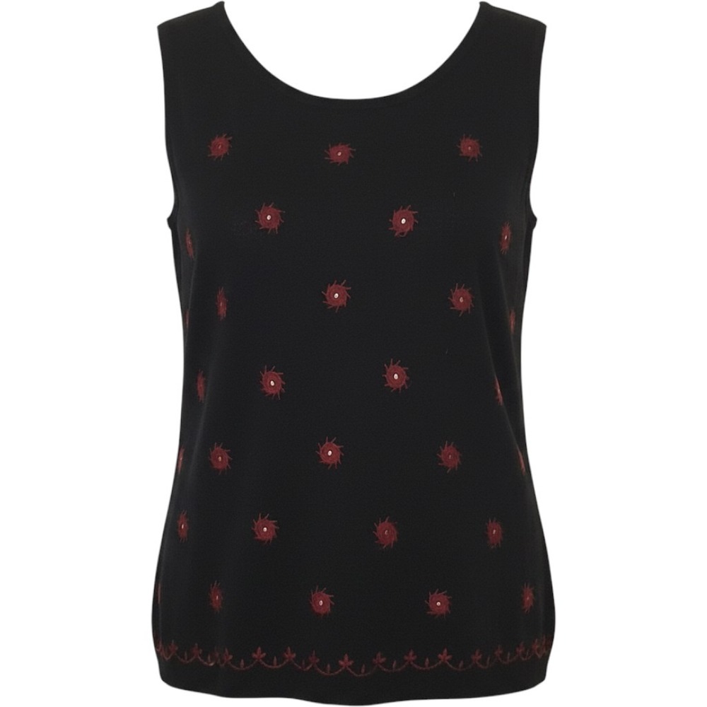 White Stag Woman Black Knit Sleeveless Shell Top Red Sunburst Embroidery 22W 24W